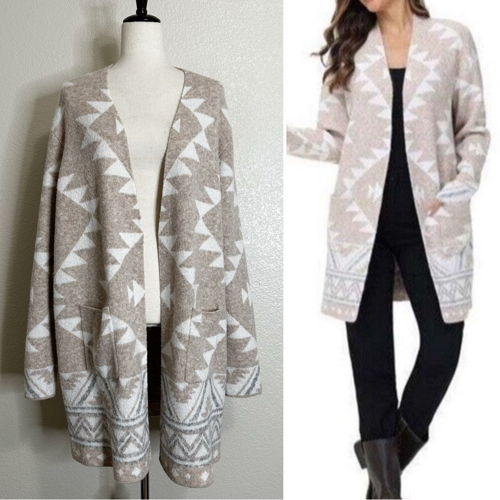 Frye Beige Cream Geometric Pattern Open Front Long Sweater Cardigan, Size XL